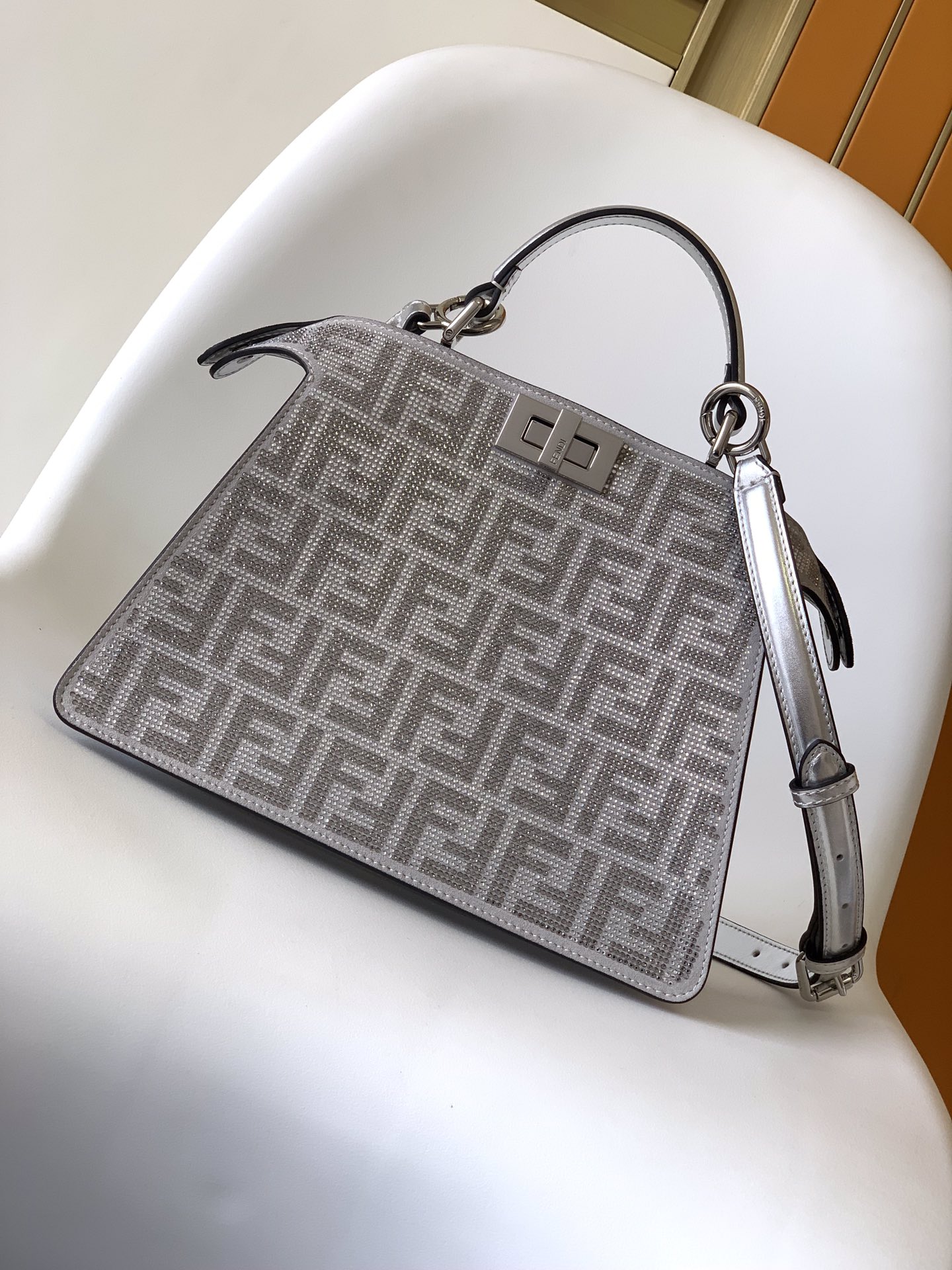 Fendi Peekaboo ISeeU Small Silver Grey FF Calf Leather Bag